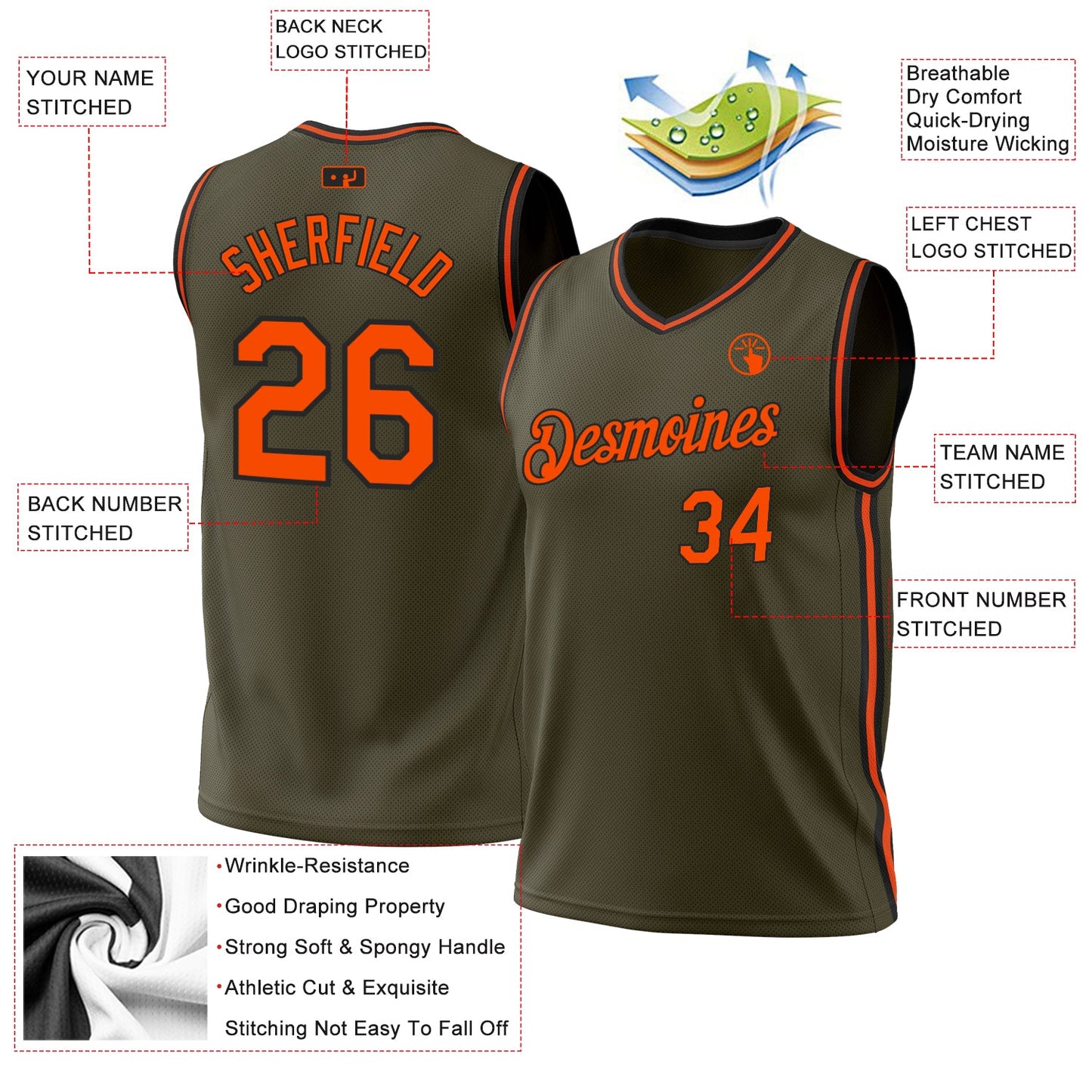 Custom Olive Orange-Black Authentic Throwback Salute To Service Basketball Jersey view 3