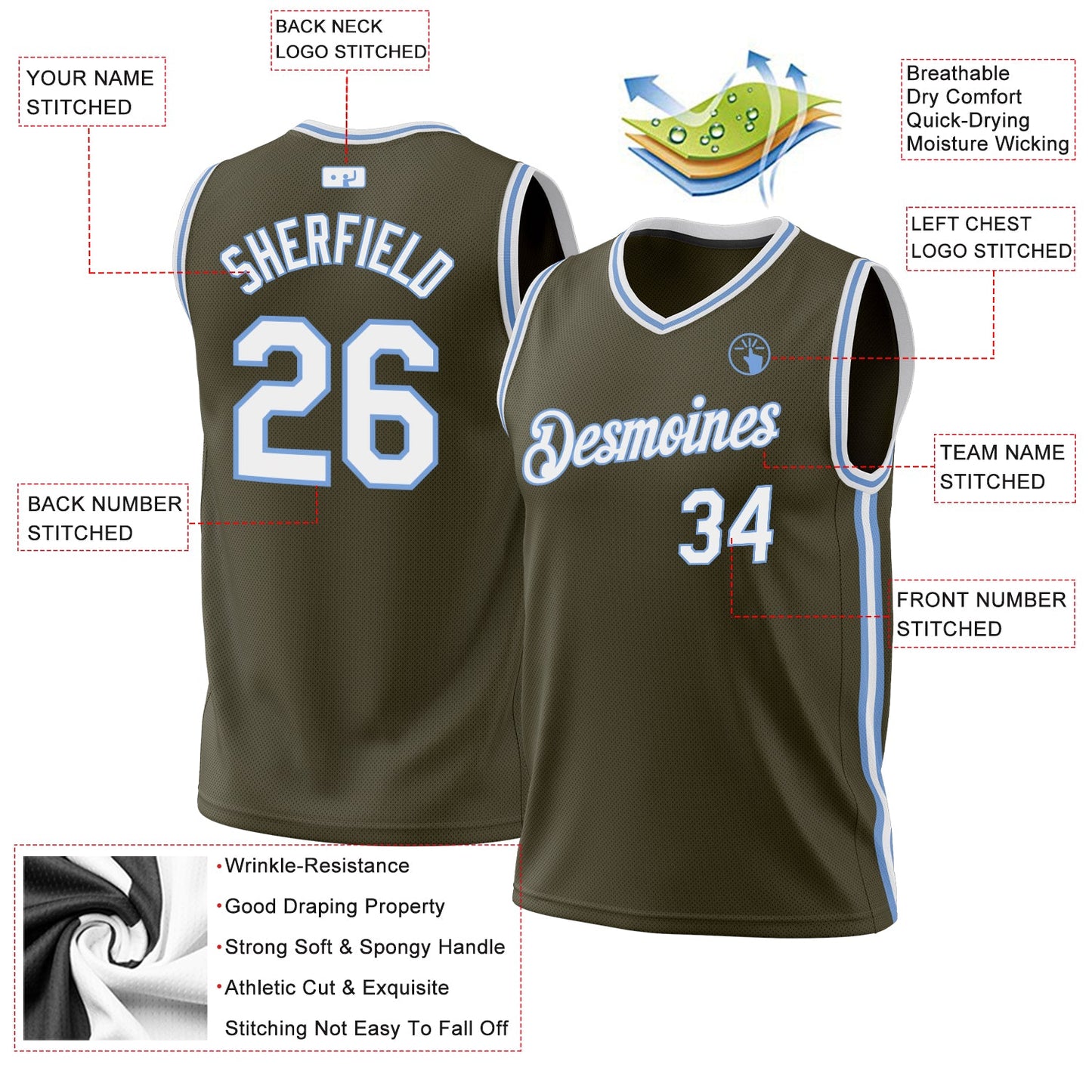 Custom Olive White-Light Blue Authentic Throwback Salute To Service Basketball Jersey view 3