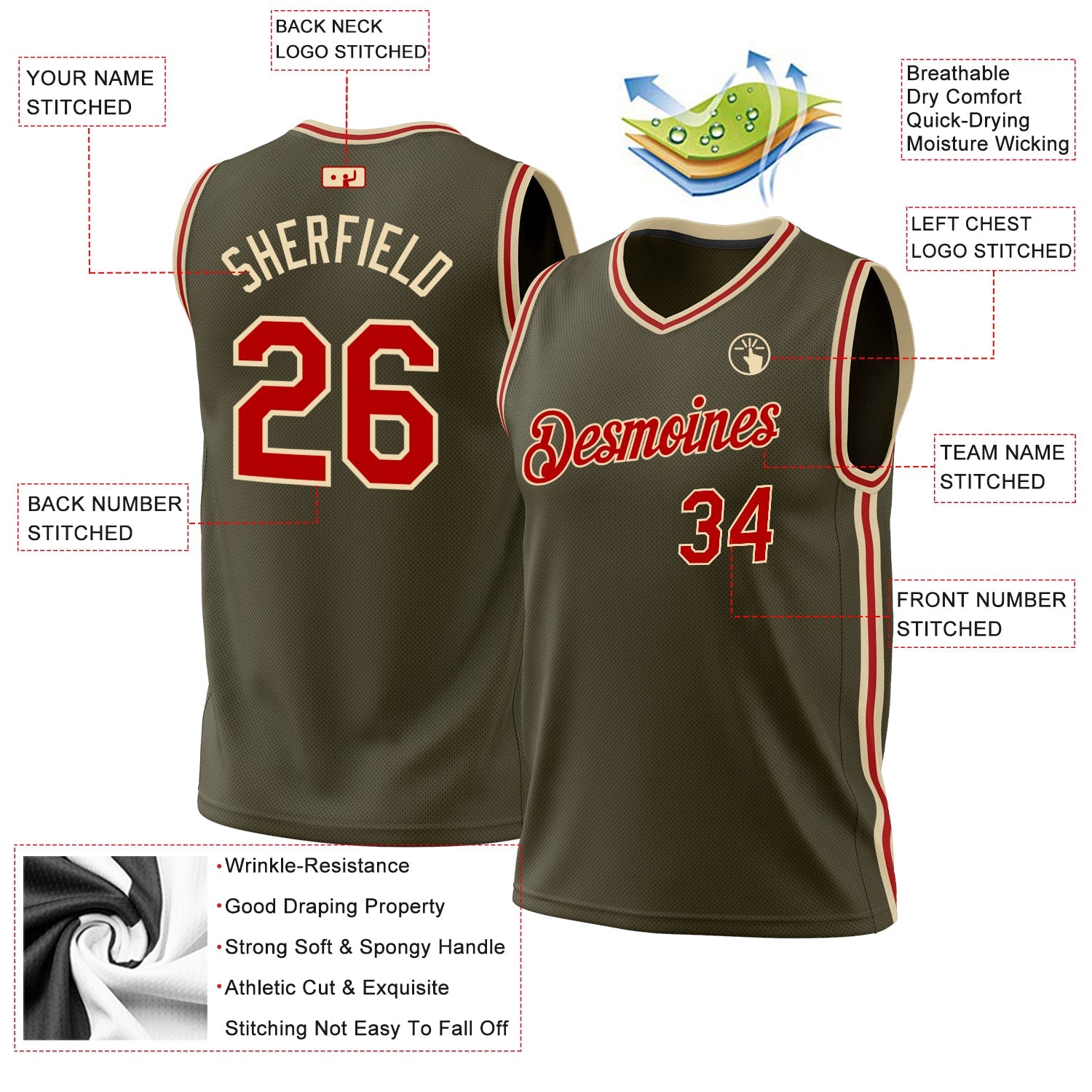 Custom Olive Red-Cream Authentic Throwback Salute To Service Basketball Jersey view 3