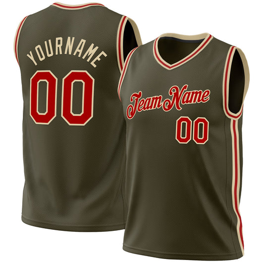 Custom Olive Red-Cream Authentic Throwback Salute To Service Basketball Jersey - Main View