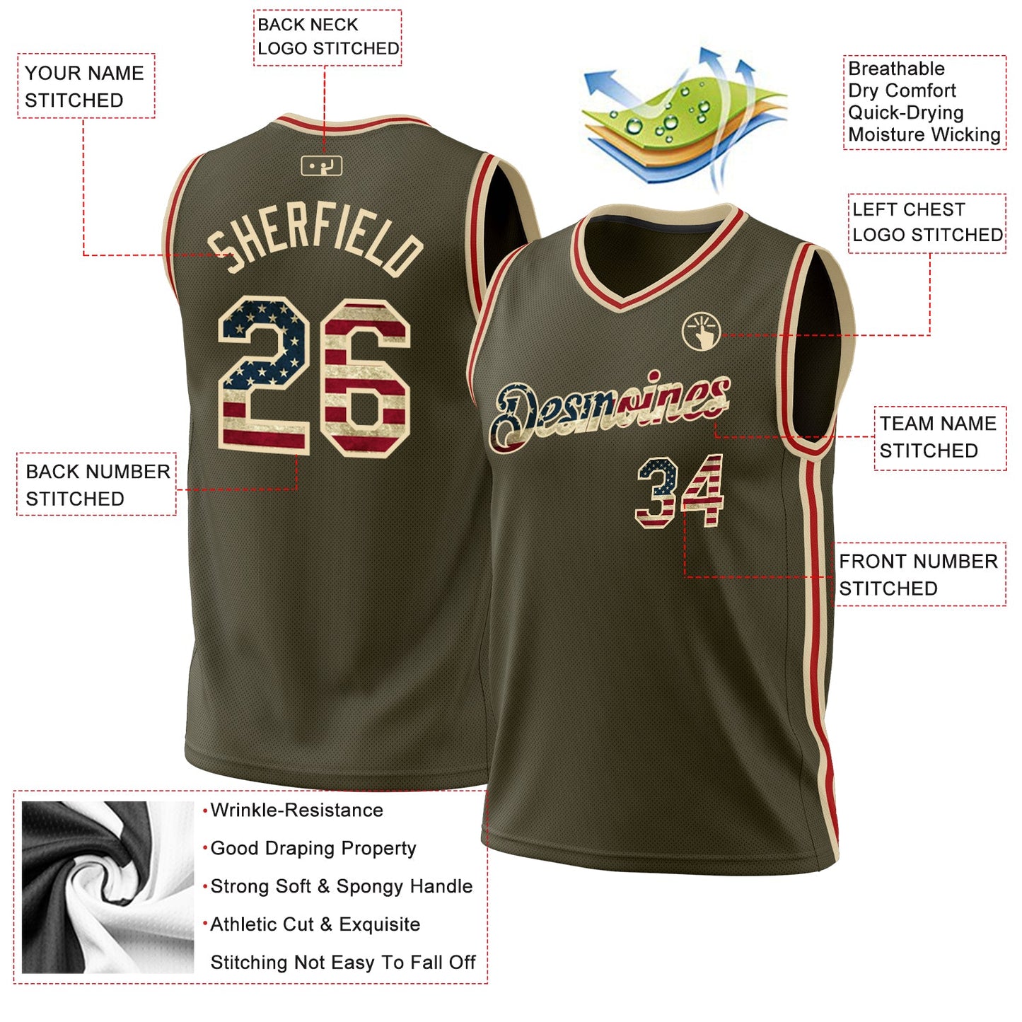 Custom Olive Vintage USA Flag Cream-Red Authentic Throwback Salute To Service Basketball Jersey view 3