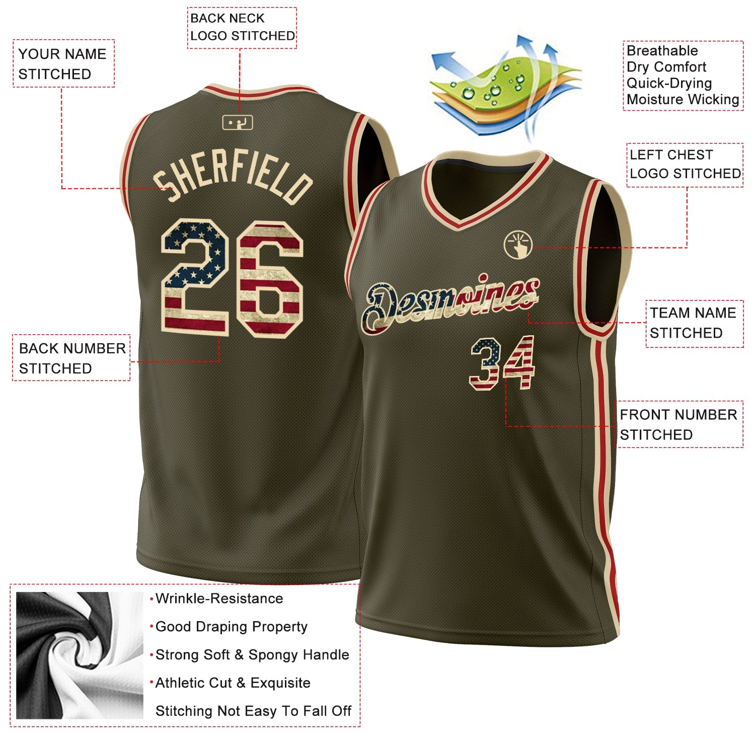 Custom Olive Vintage USA Flag Cream-Red Authentic Throwback Salute To Service Basketball Jersey view 3