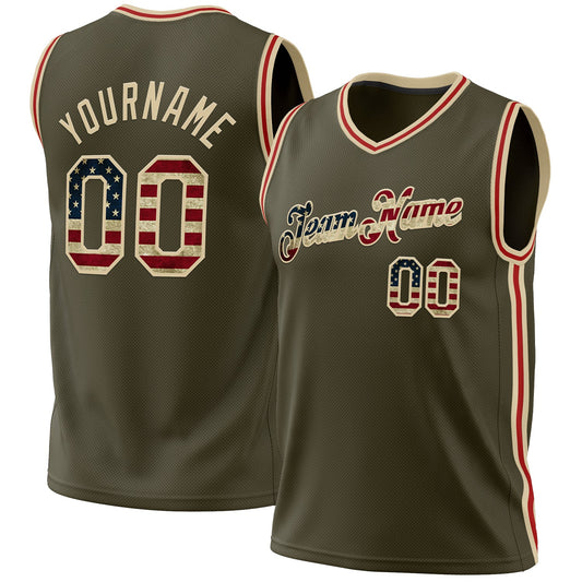 Custom Olive Vintage USA Flag Cream-Red Authentic Throwback Salute To Service Basketball Jersey - Main View