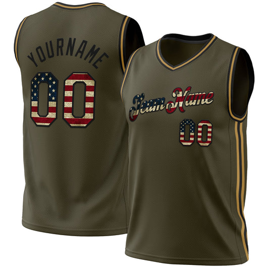Custom Olive Vintage USA Flag Black-Old Gold Authentic Throwback Salute To Service Basketball Jersey - Main View