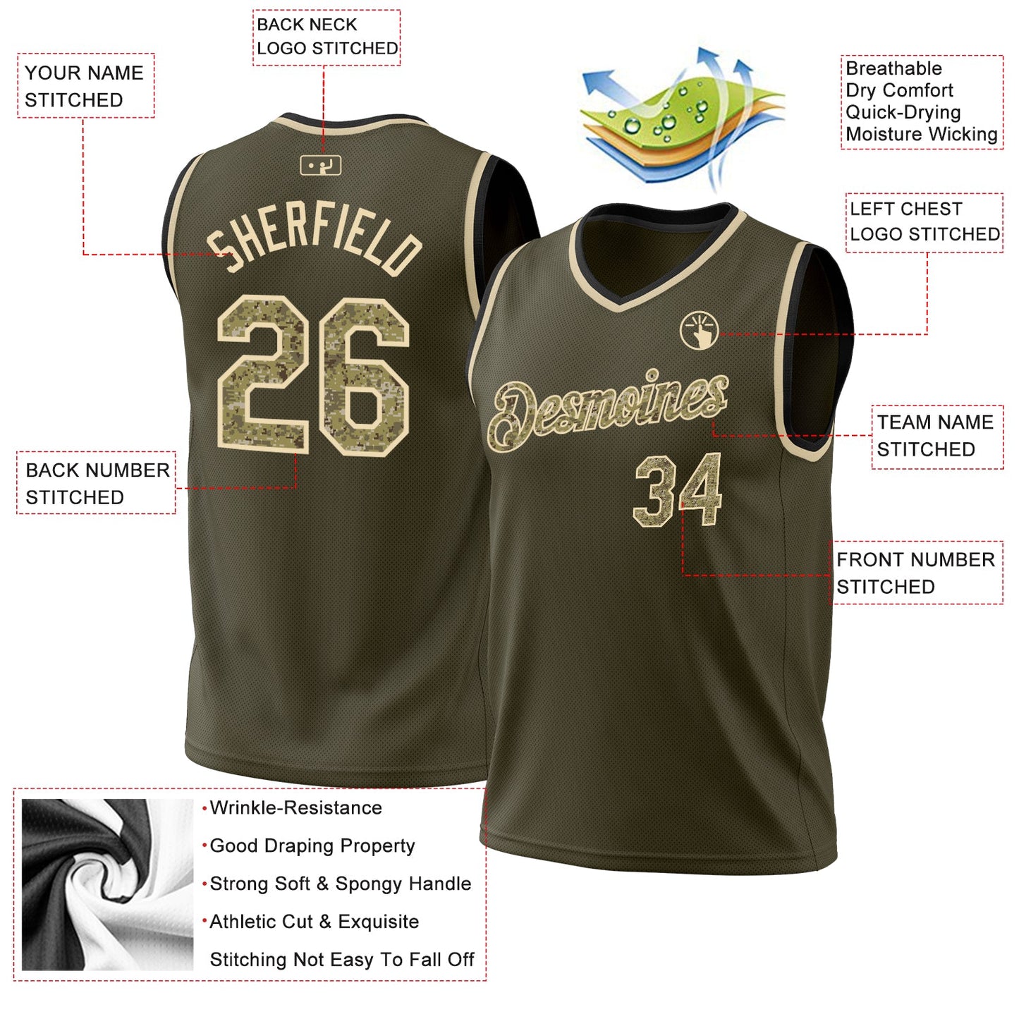 Custom Olive Camo Cream-Black Authentic Throwback Salute To Service Basketball Jersey view 3