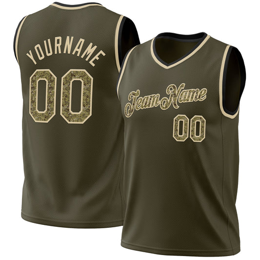 Custom Olive Camo Cream-Black Authentic Throwback Salute To Service Basketball Jersey - Main View