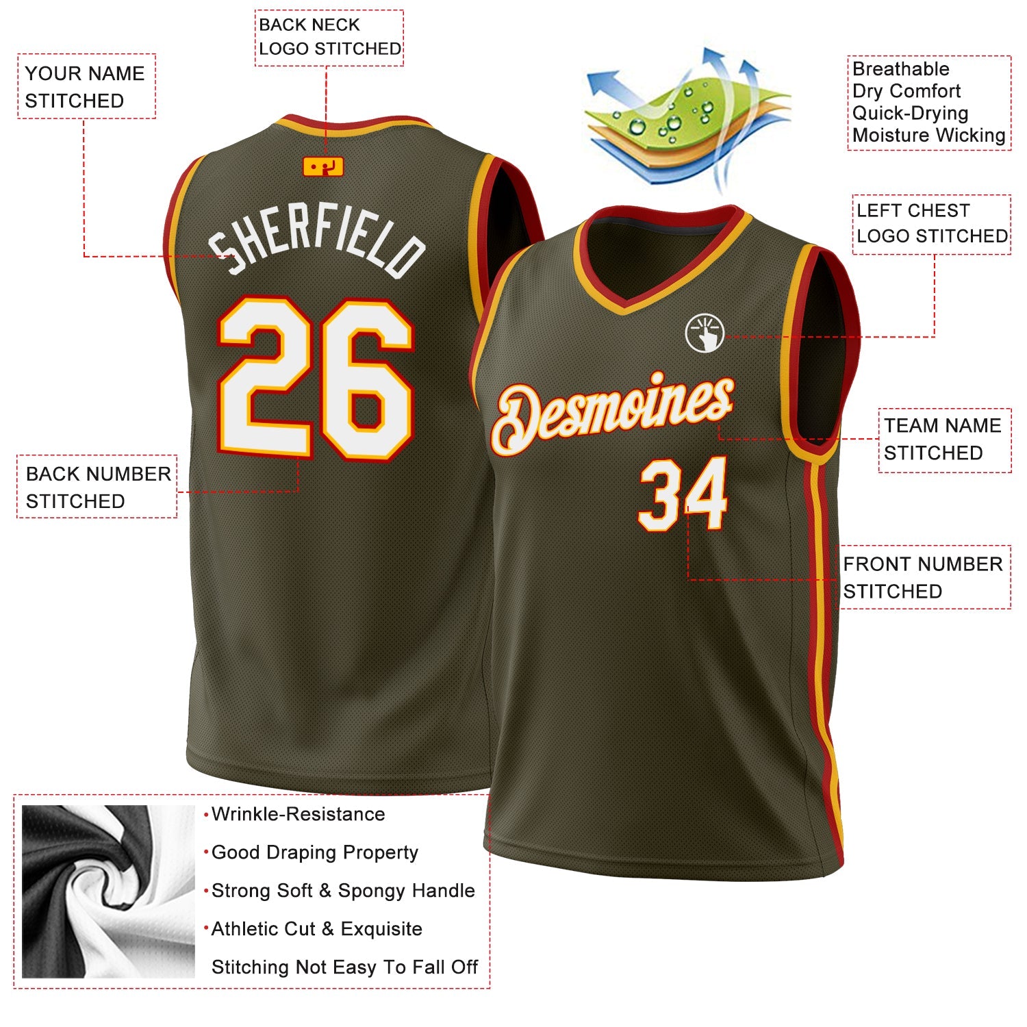 Custom Olive Gold-Red Authentic Throwback Salute To Service Basketball Jersey view 3
