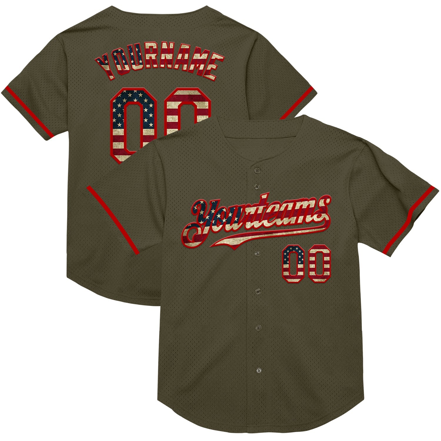 Custom Olive Vintage USA Flag-Red Mesh Authentic Throwback Salute To Service Baseball Jersey - Main View