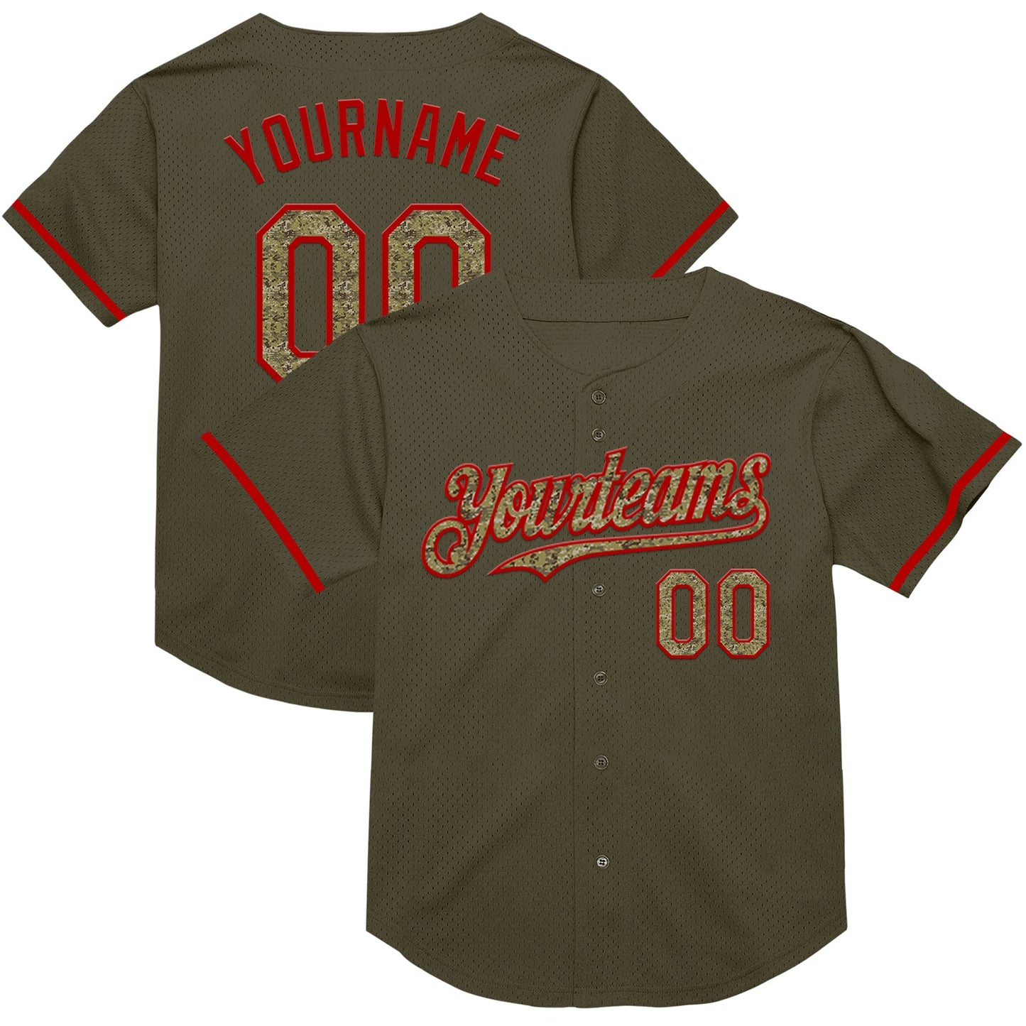 Custom Olive Camo-Red Mesh Authentic Throwback Salute To Service Baseball Jersey - Main View