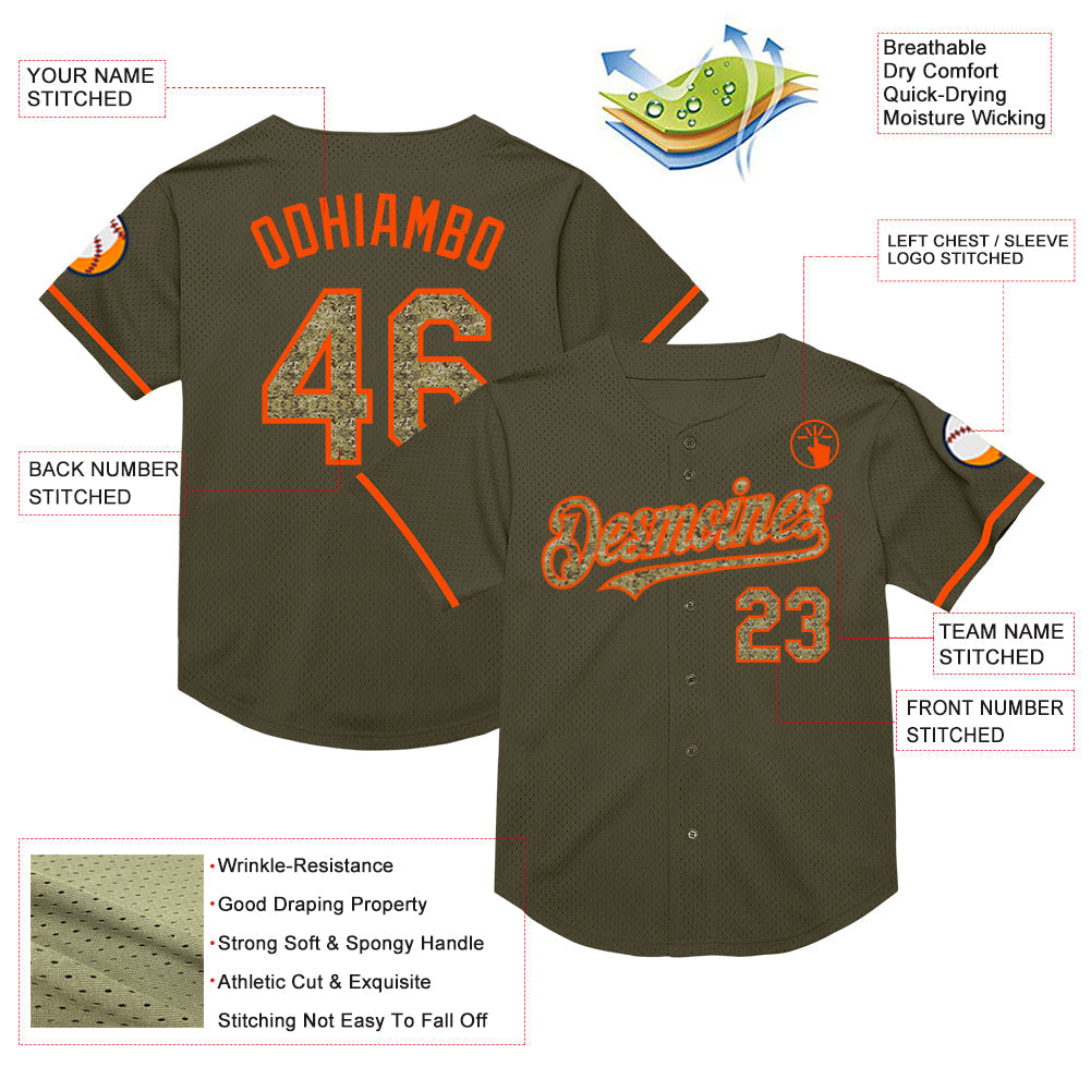 Custom Olive Camo-Orange Mesh Authentic Throwback Salute To Service Baseball Jersey view 3