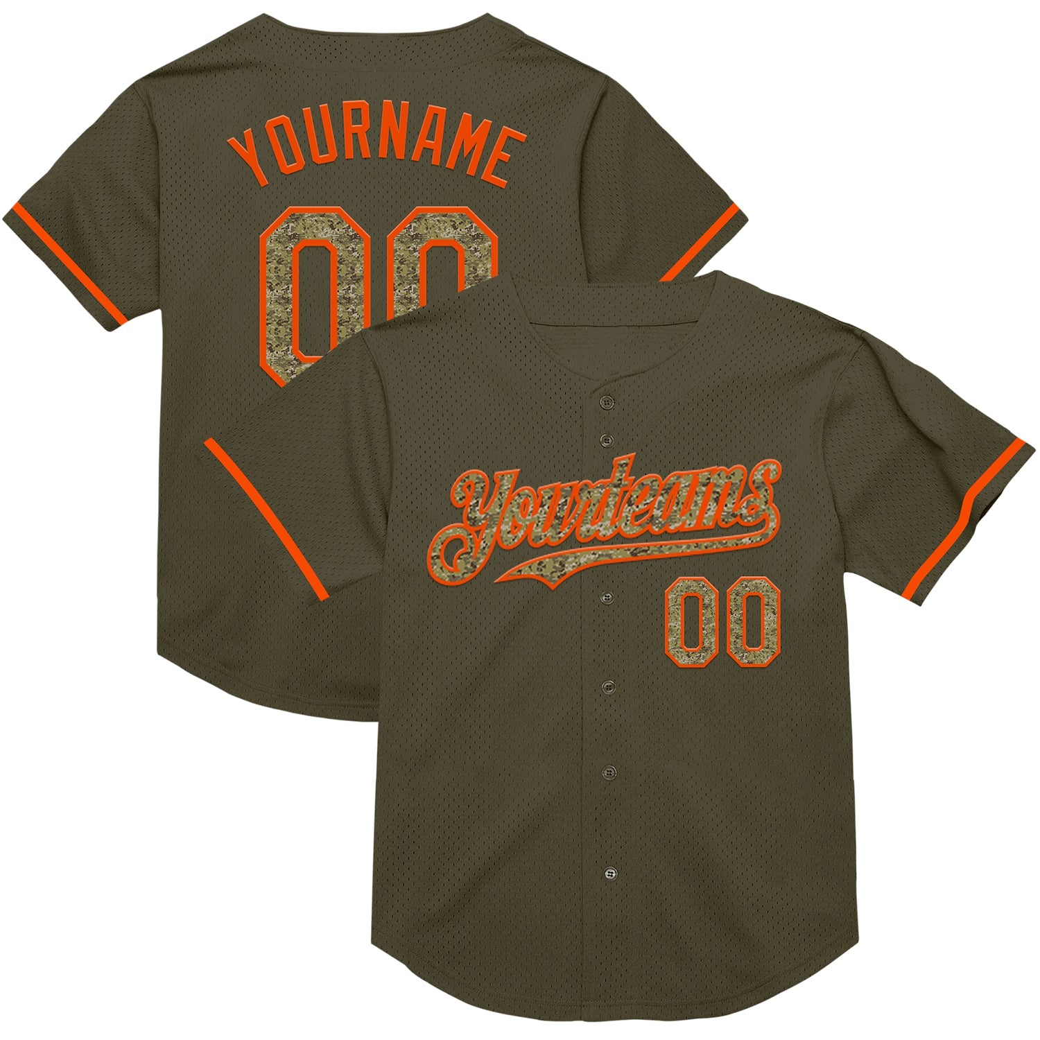Custom Olive Camo-Orange Mesh Authentic Throwback Salute To Service Baseball Jersey - Main View