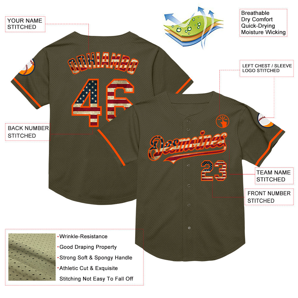 Custom Olive Vintage USA Flag-Orange Mesh Authentic Throwback Salute To Service Baseball Jersey view 3