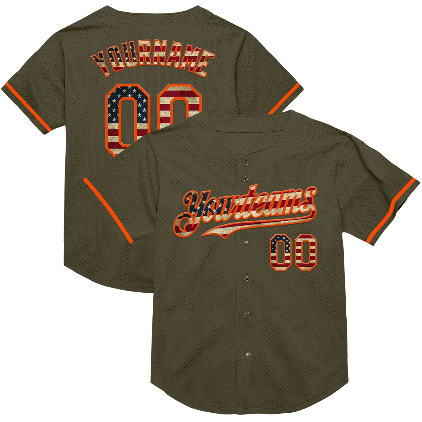 Custom Olive Vintage USA Flag-Orange Mesh Authentic Throwback Salute To Service Baseball Jersey - Main View