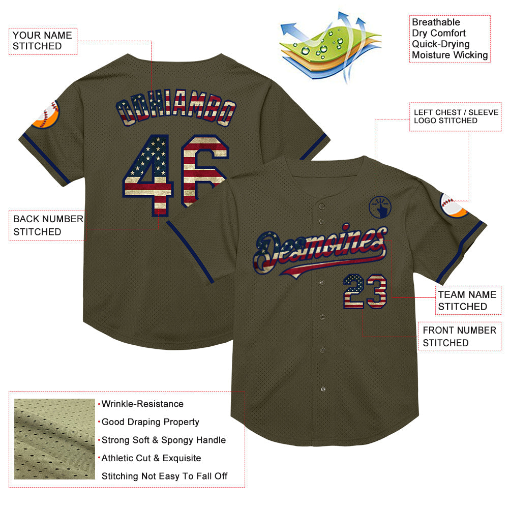 Custom Olive Vintage USA Flag-Navy Mesh Authentic Throwback Salute To Service Baseball Jersey view 3