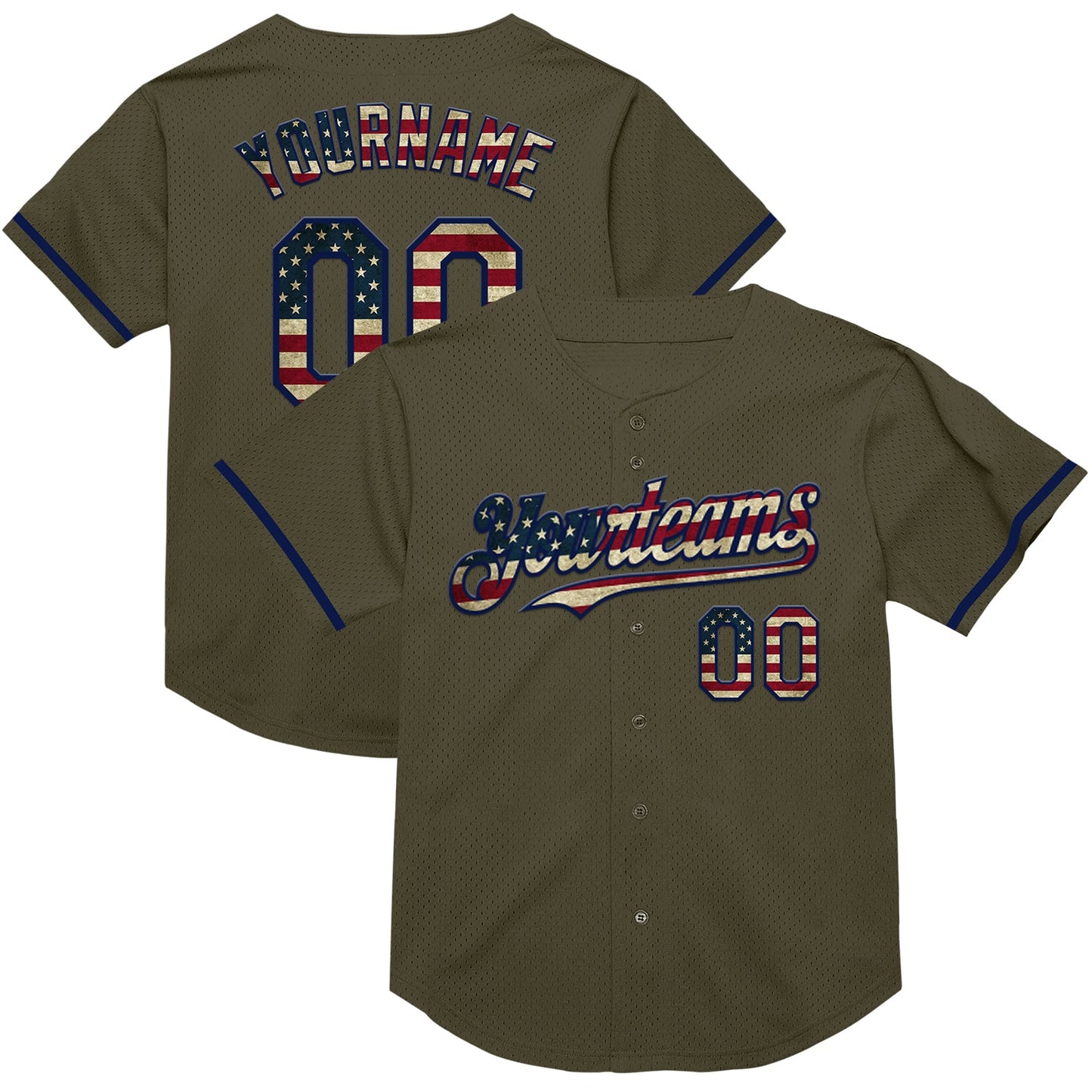 Custom Olive Vintage USA Flag-Navy Mesh Authentic Throwback Salute To Service Baseball Jersey - Main View
