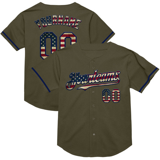 Custom Olive Vintage USA Flag-Navy Mesh Authentic Throwback Salute To Service Baseball Jersey - Main View