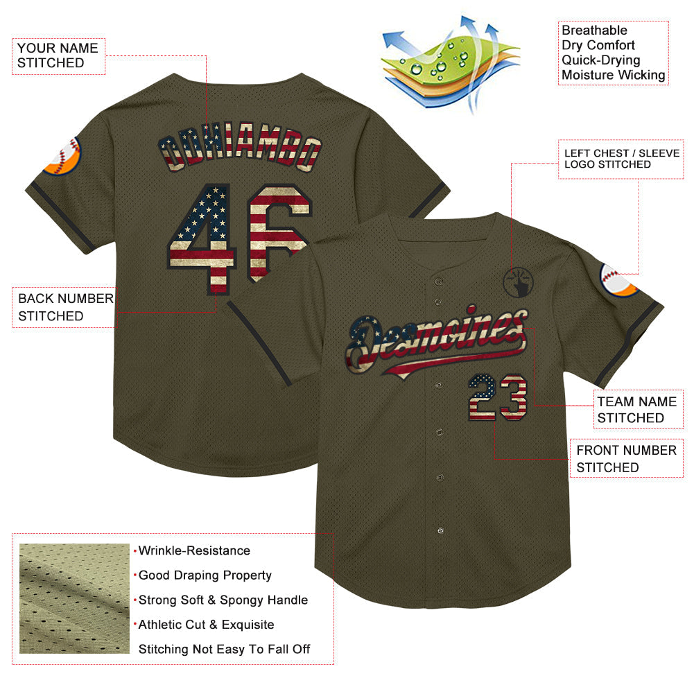Custom Olive Vintage USA Flag-Black Mesh Authentic Throwback Salute To Service Baseball Jersey view 3