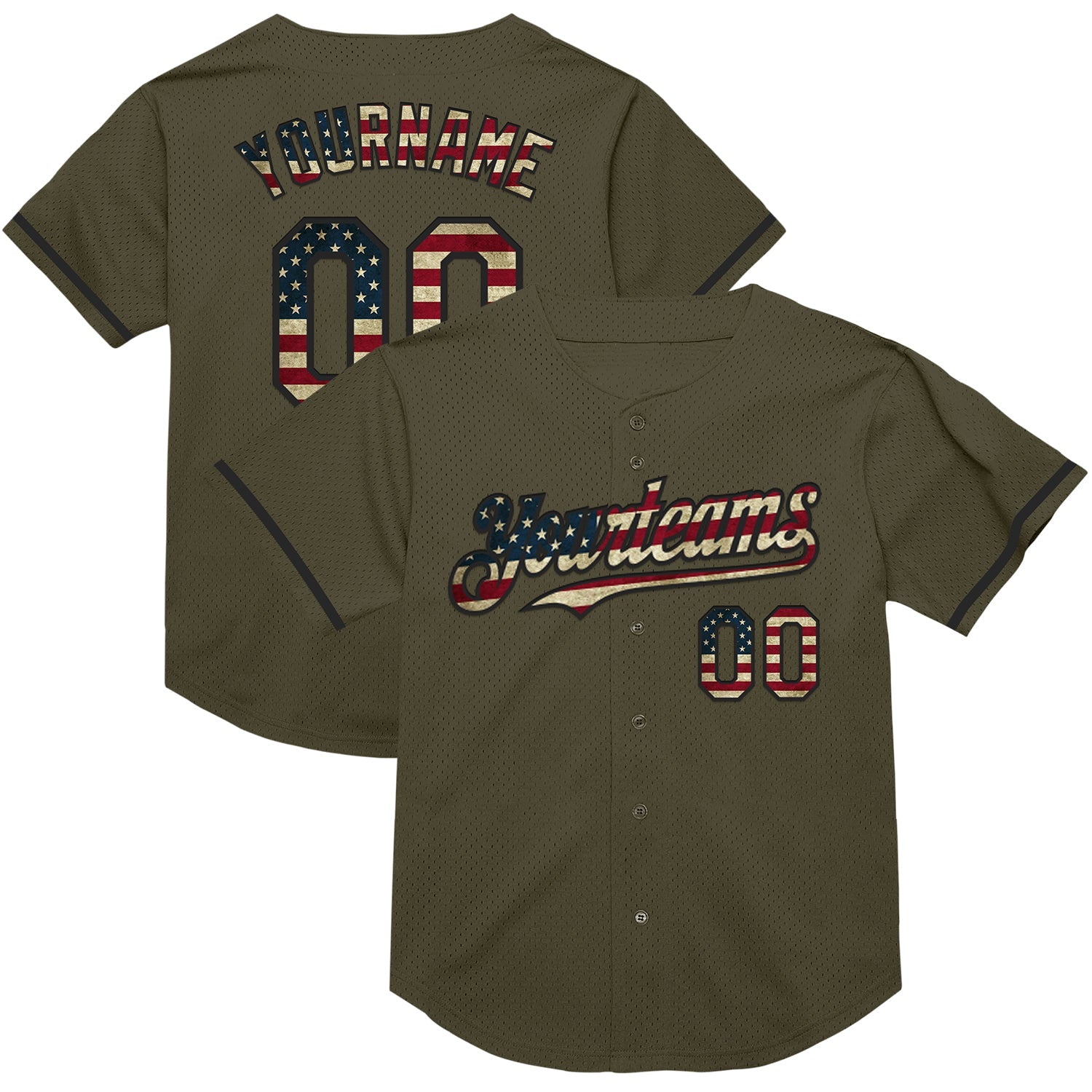 Custom Olive Vintage USA Flag-Black Mesh Authentic Throwback Salute To Service Baseball Jersey - Main View