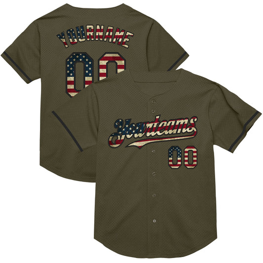 Custom Olive Vintage USA Flag-Black Mesh Authentic Throwback Salute To Service Baseball Jersey - Main View