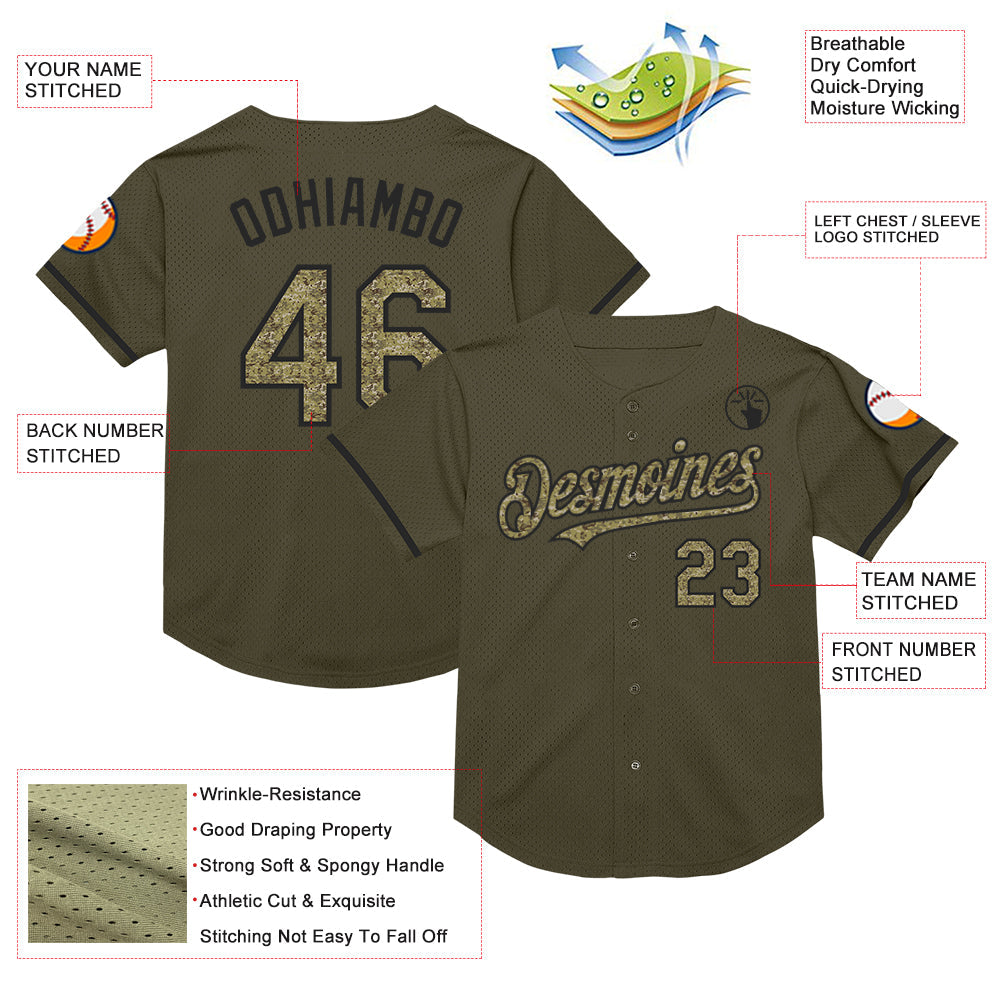 Custom Olive Camo-Black Mesh Authentic Throwback Salute To Service Baseball Jersey view 3