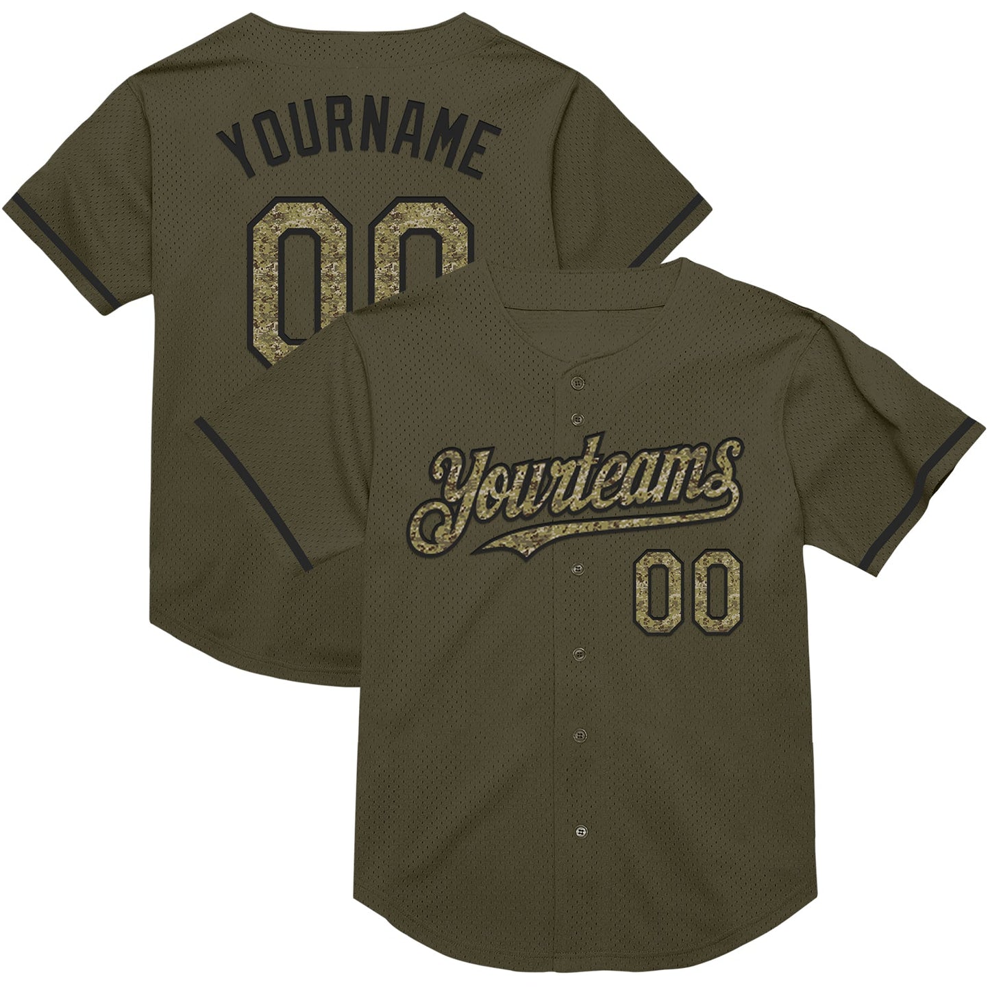 Custom Olive Camo-Black Mesh Authentic Throwback Salute To Service Baseball Jersey - Main View