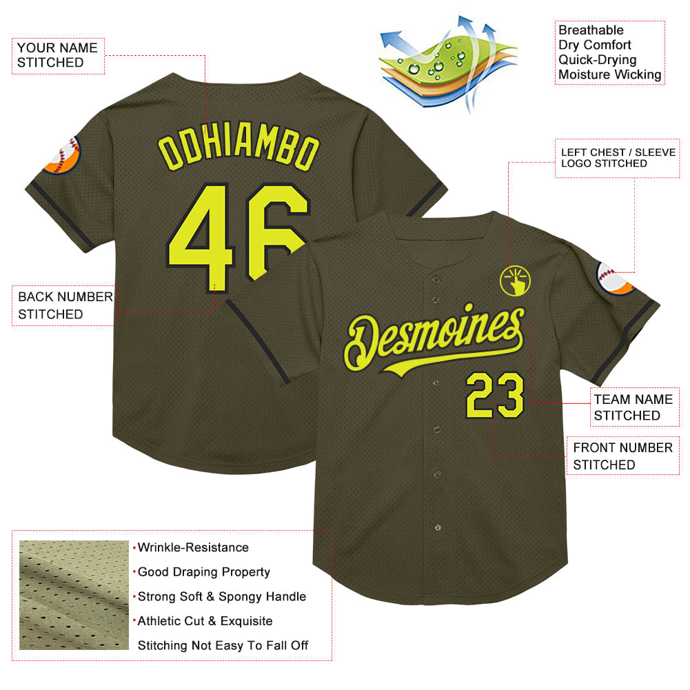 Custom Olive Neon Yellow-Black Mesh Authentic Throwback Salute To Service Baseball Jersey view 3