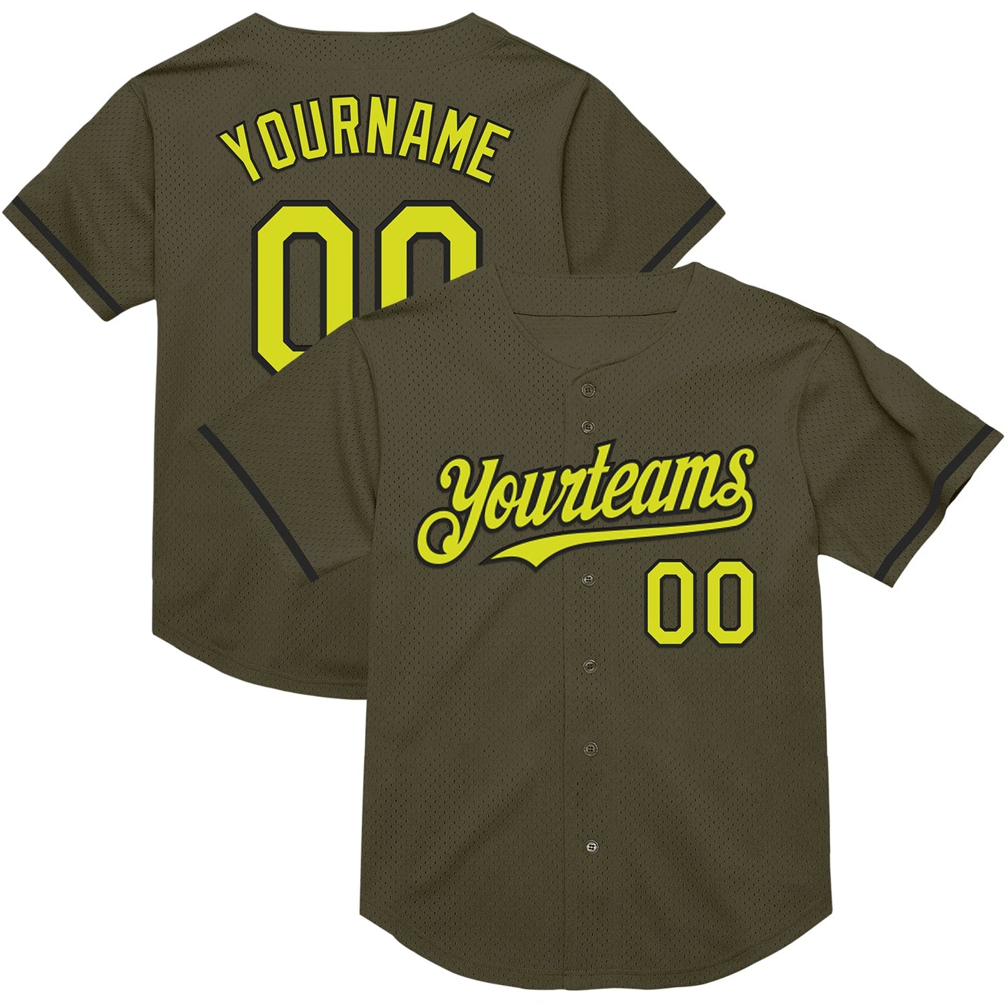 Custom Olive Neon Yellow-Black Mesh Authentic Throwback Salute To Service Baseball Jersey - Main View