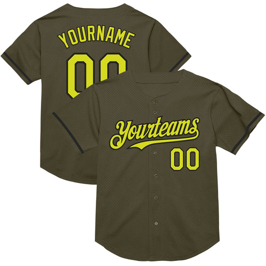 Custom Olive Neon Yellow-Black Mesh Authentic Throwback Salute To Service Baseball Jersey - Main View