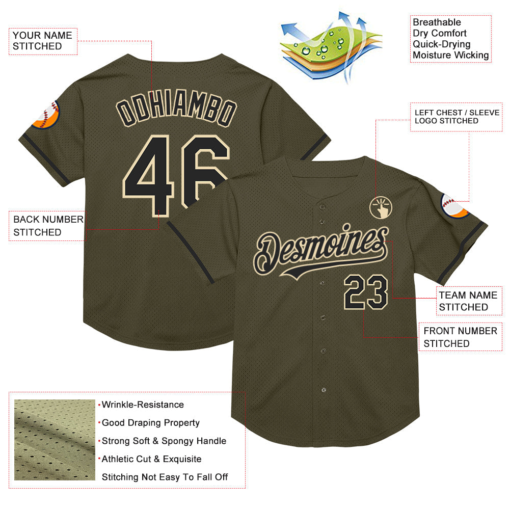 Custom Olive Black-Cream Mesh Authentic Throwback Salute To Service Baseball Jersey view 3