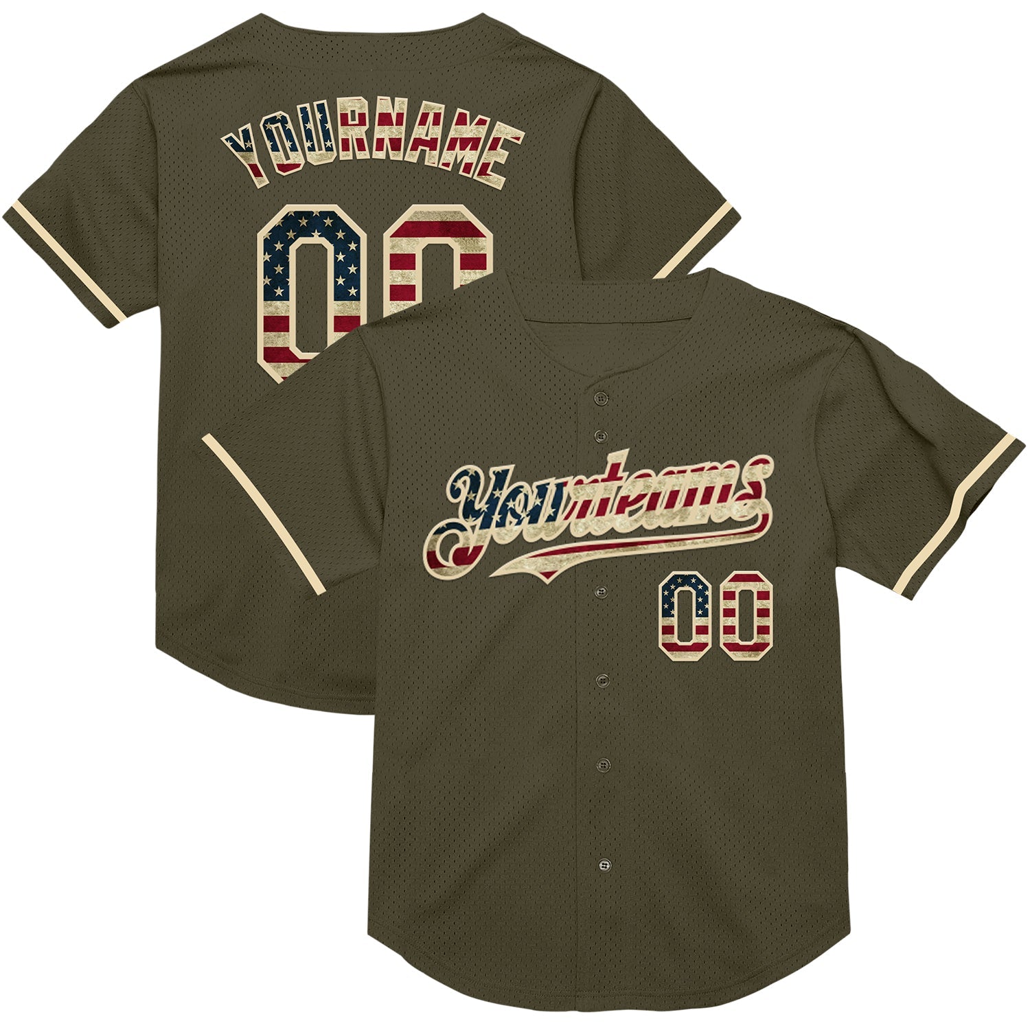 Custom Olive Vintage USA Flag-Cream Mesh Authentic Throwback Salute To Service Baseball Jersey - Main View