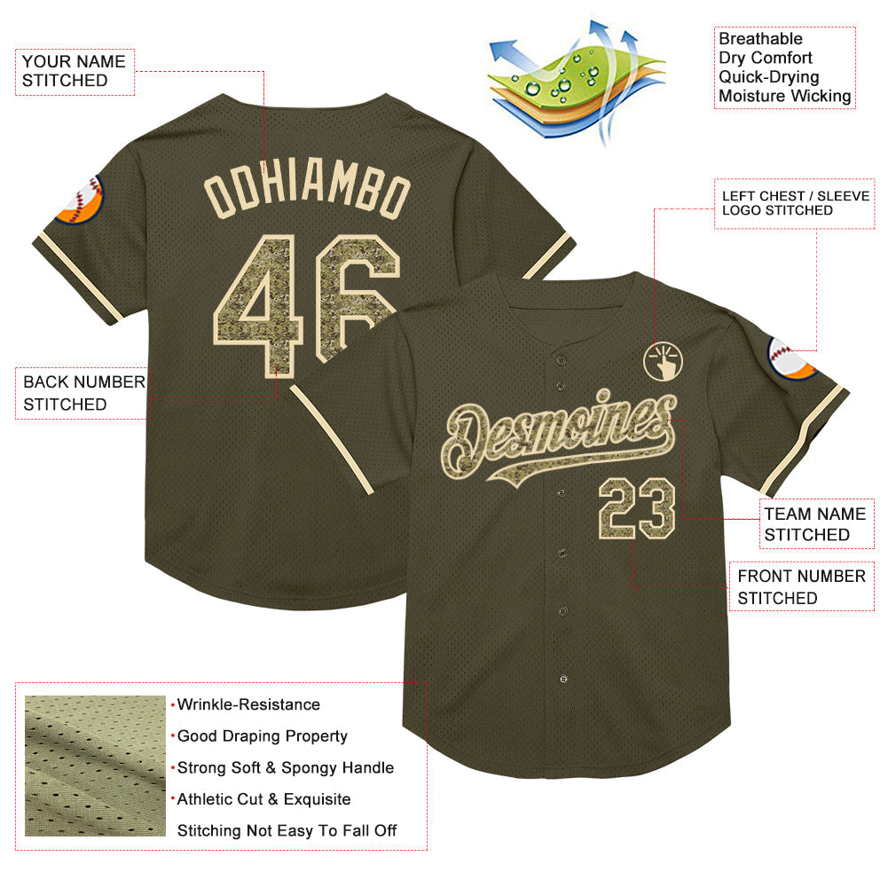Custom Olive Camo-Cream Mesh Authentic Throwback Salute To Service Baseball Jersey view 3