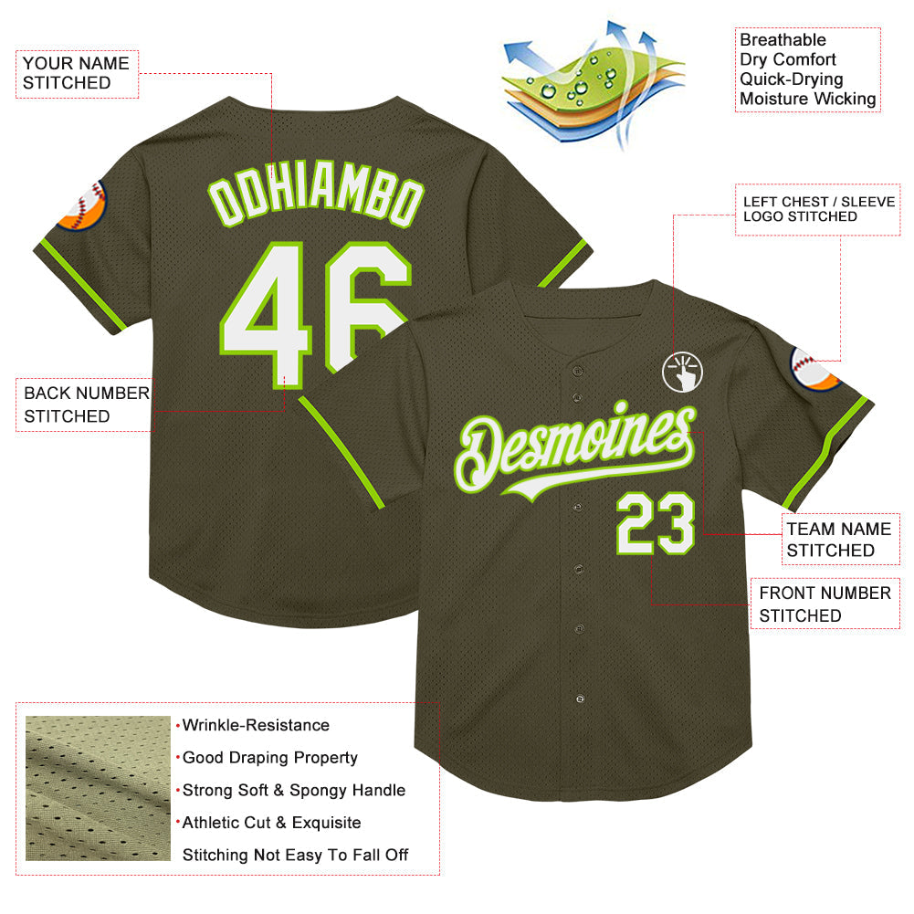 Custom Olive White-Neon Green Mesh Authentic Throwback Salute To Service Baseball Jersey view 3