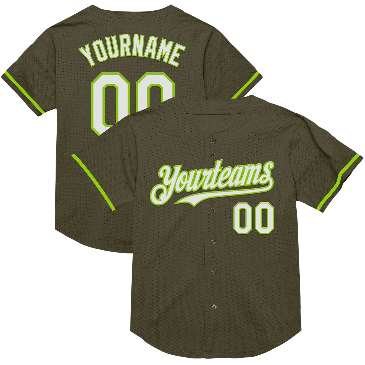 Custom Olive White-Neon Green Mesh Authentic Throwback Salute To Service Baseball Jersey - Main View