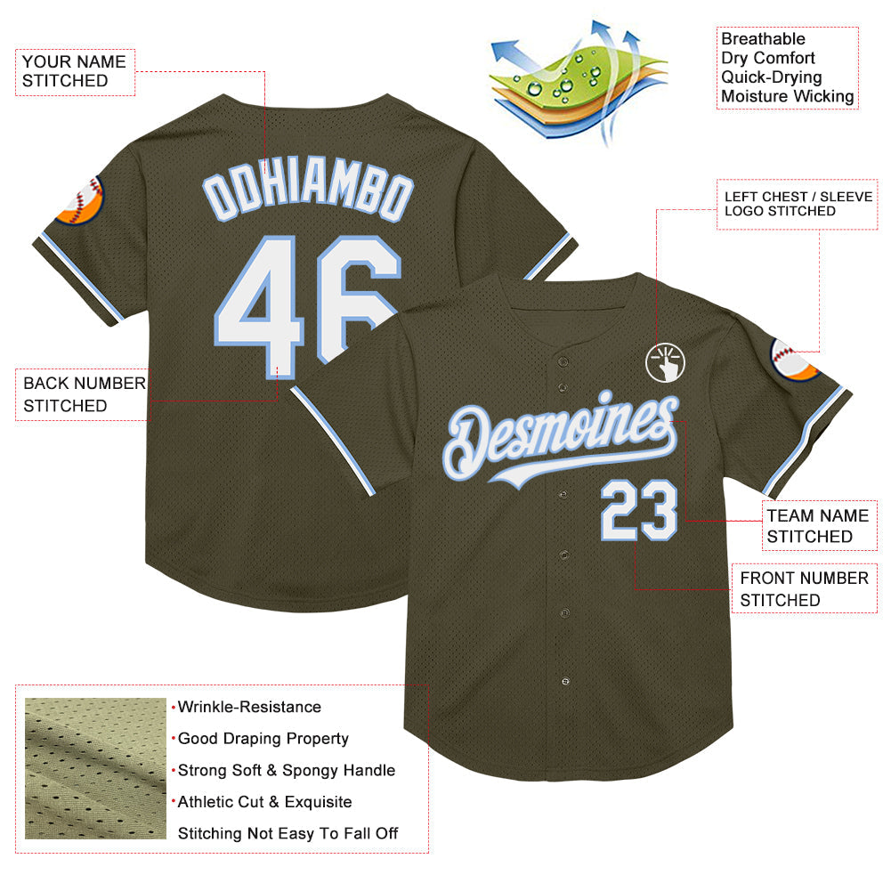 Custom Olive White-Light Blue Mesh Authentic Throwback Salute To Service Baseball Jersey view 3