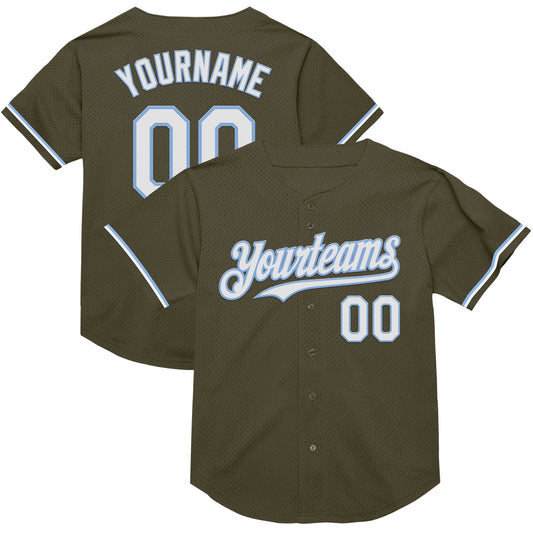 Custom Olive White-Light Blue Mesh Authentic Throwback Salute To Service Baseball Jersey - Main View