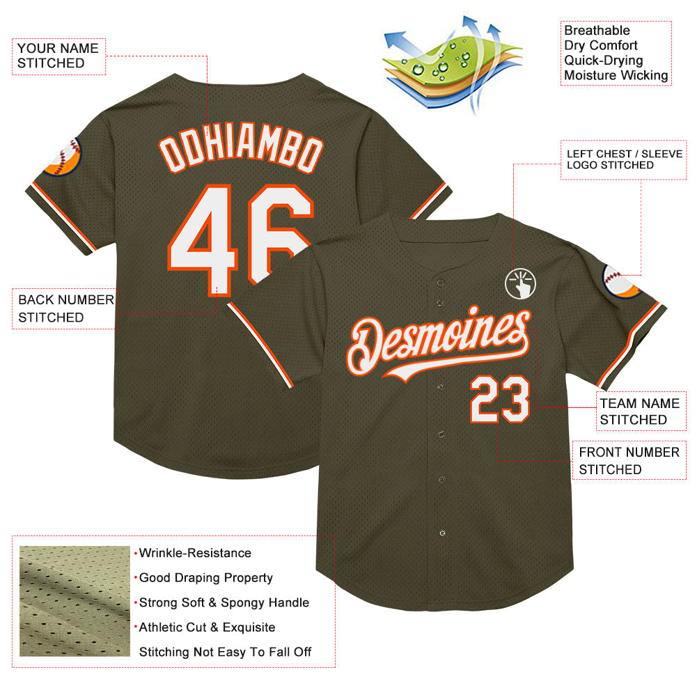 Custom Olive White-Orange Mesh Authentic Throwback Salute To Service Baseball Jersey view 3