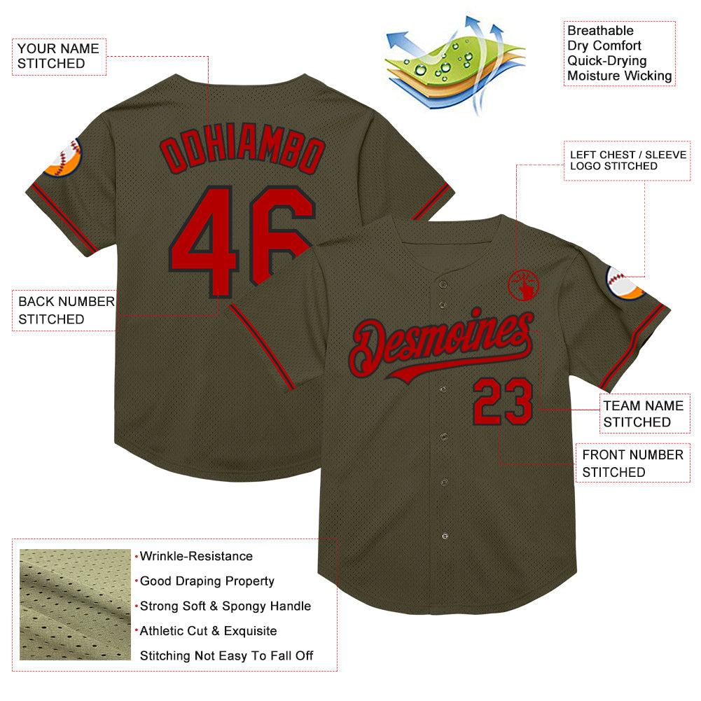 Custom Olive Red-Black Mesh Authentic Throwback Salute To Service Baseball Jersey view 3