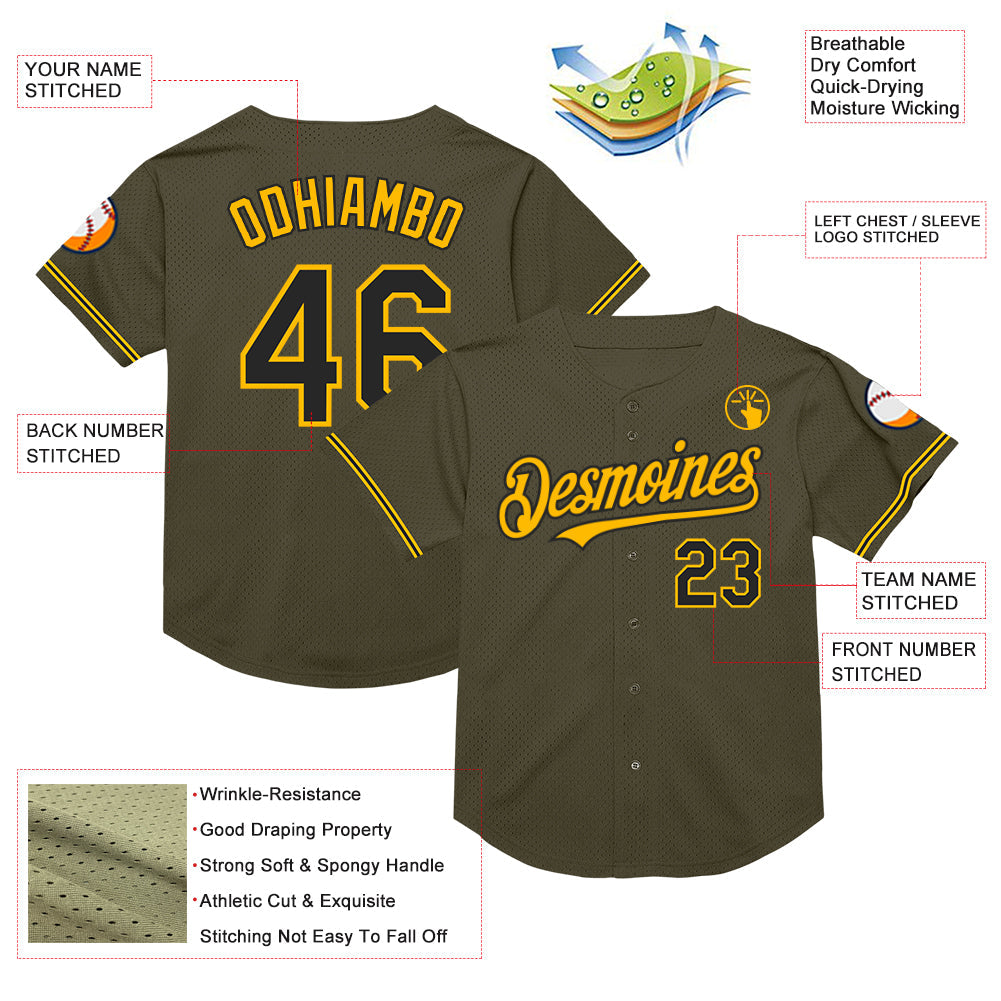 Custom Olive Black-Gold Mesh Authentic Throwback Salute To Service Baseball Jersey view 3