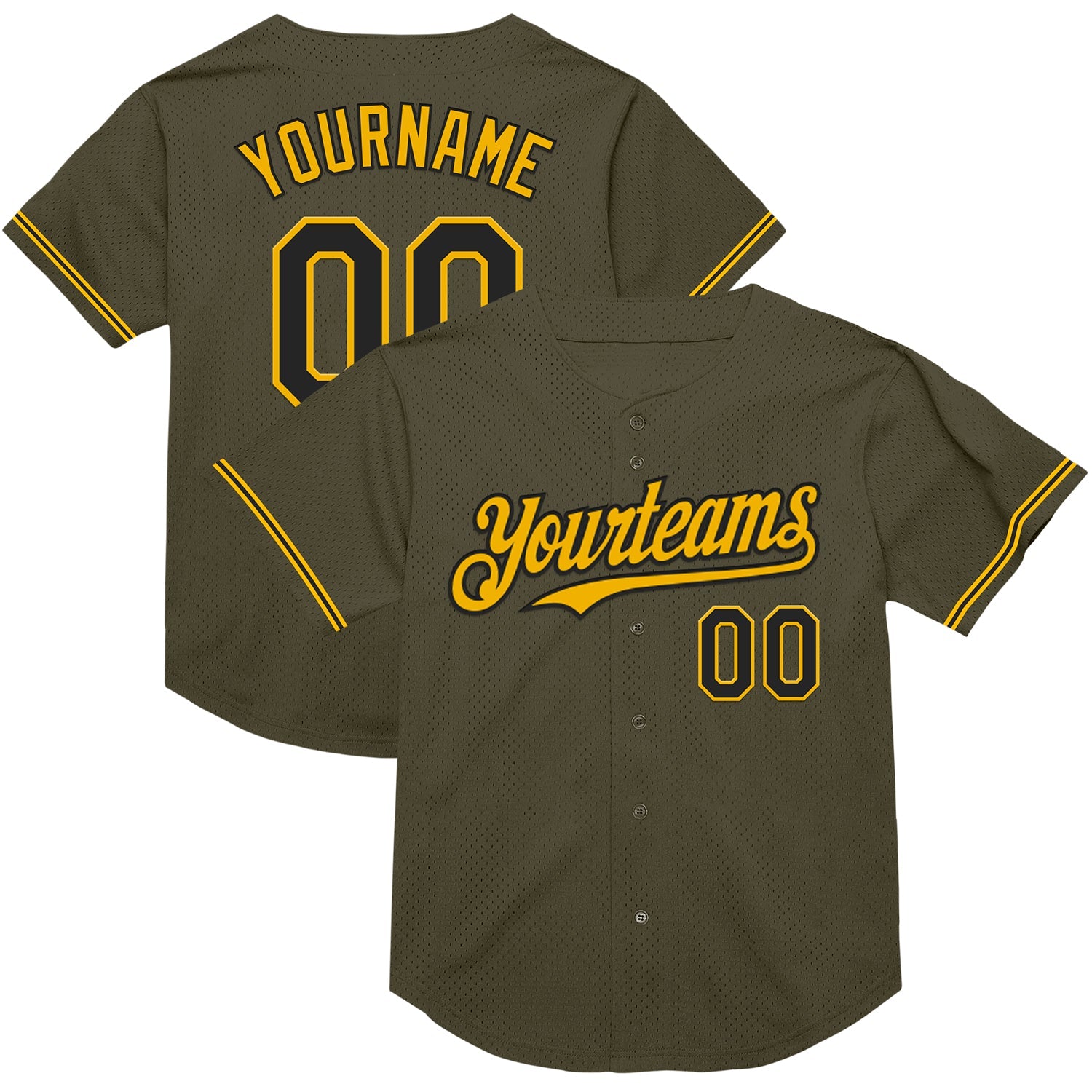 Custom Olive Black-Gold Mesh Authentic Throwback Salute To Service Baseball Jersey - Main View