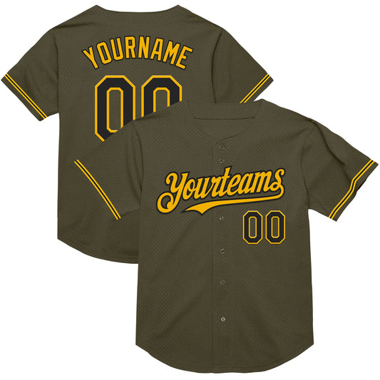 Custom Olive Black-Gold Mesh Authentic Throwback Salute To Service Baseball Jersey - Main View