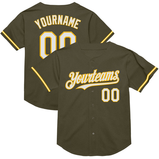 Custom Olive White-Gold Mesh Authentic Throwback Salute To Service Baseball Jersey - Main View