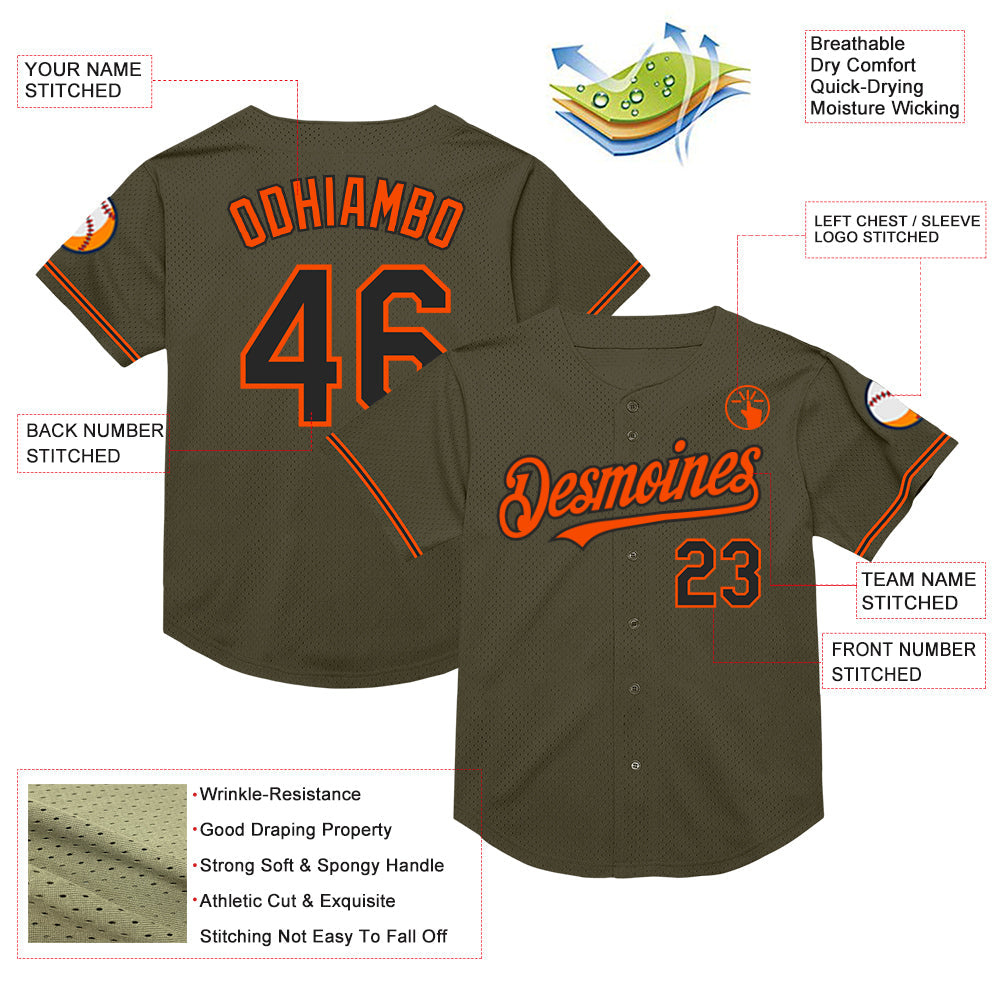 Custom Olive Black-Orange Mesh Authentic Throwback Salute To Service Baseball Jersey view 3
