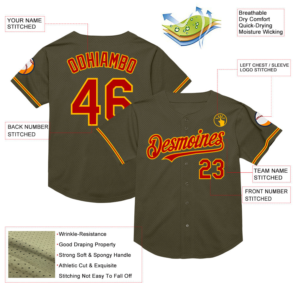 Custom Olive Red-Gold Mesh Authentic Throwback Salute To Service Baseball Jersey view 3
