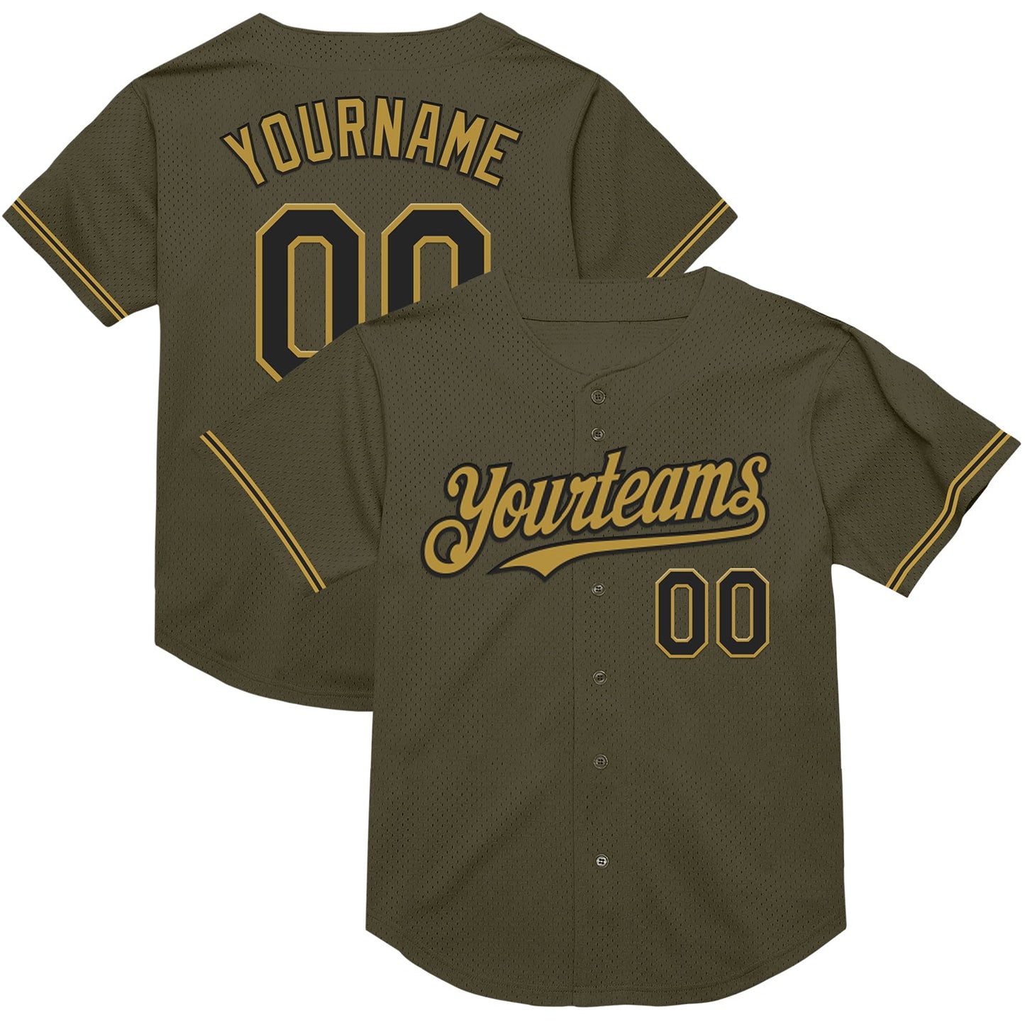 Custom Olive Black-Old Gold Mesh Authentic Throwback Salute To Service Baseball Jersey - Main View