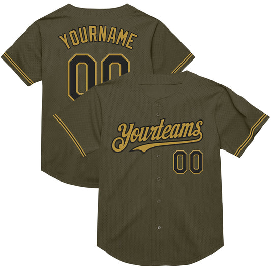 Custom Olive Black-Old Gold Mesh Authentic Throwback Salute To Service Baseball Jersey - Main View
