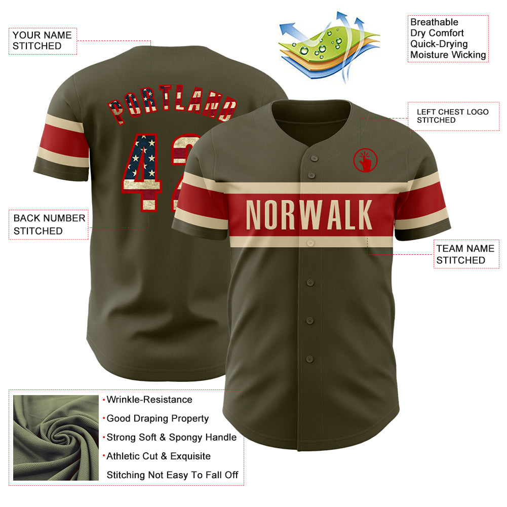 Custom Olive Vintage USA Flag Red-Cream Authentic Salute To Service Baseball Jersey view 3
