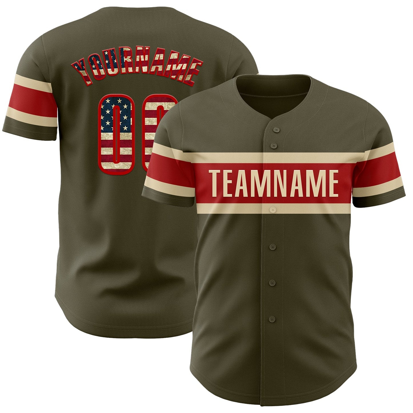 Custom Olive Vintage USA Flag Red-Cream Authentic Salute To Service Baseball Jersey - Main View