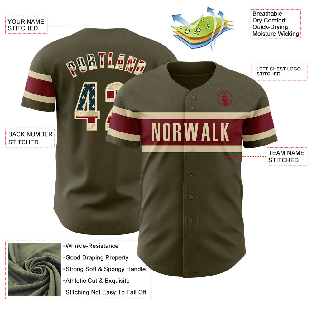Custom Olive Vintage USA Flag Cream-Crimson Authentic Salute To Service Baseball Jersey view 3