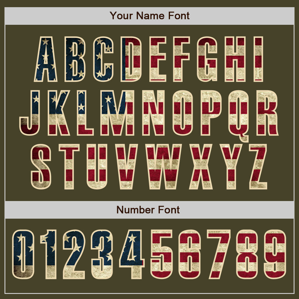 Custom Olive Vintage USA Flag Cream-Crimson Authentic Salute To Service Baseball Jersey view 5