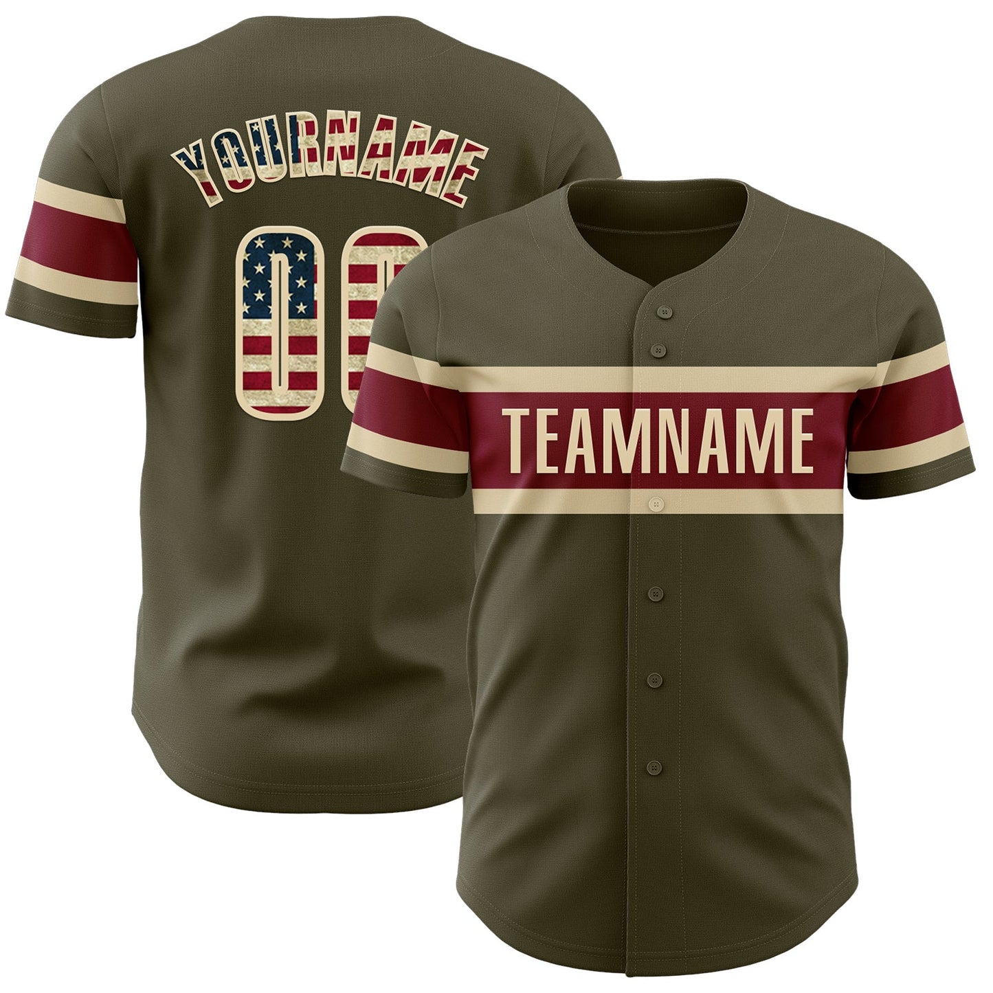 Custom Olive Vintage USA Flag Cream-Crimson Authentic Salute To Service Baseball Jersey - Main View